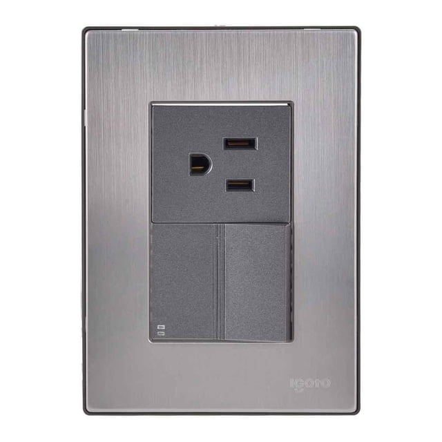 Placa Armada Inoxidable Con 1 Apagador Escalera Y 1 Contacto De 1.5 Modulos Igoto gris oscuro Igoto INOX