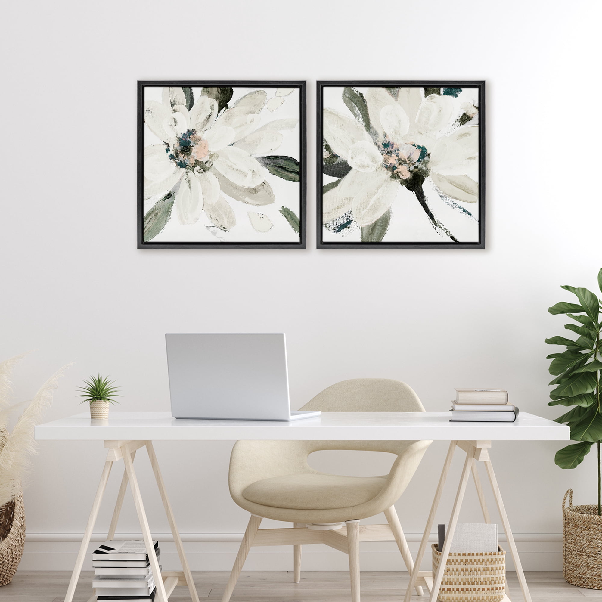 Stupell Industries Naturally Blooming White Flowers 2 Piece Black Framed Floater Canvas Set, design by Lanie Loreth