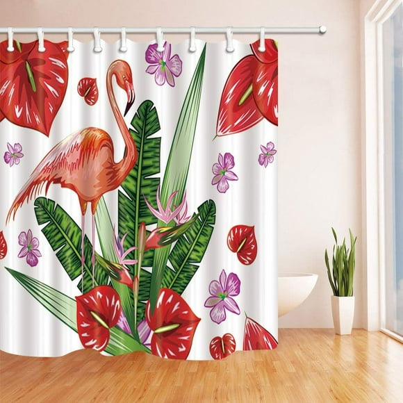RYLABLUE Flamingo Dancing in Tropical Banana Leaves Red Green Polyester Fabric Bathroom Shower Curtain 66x72 inches