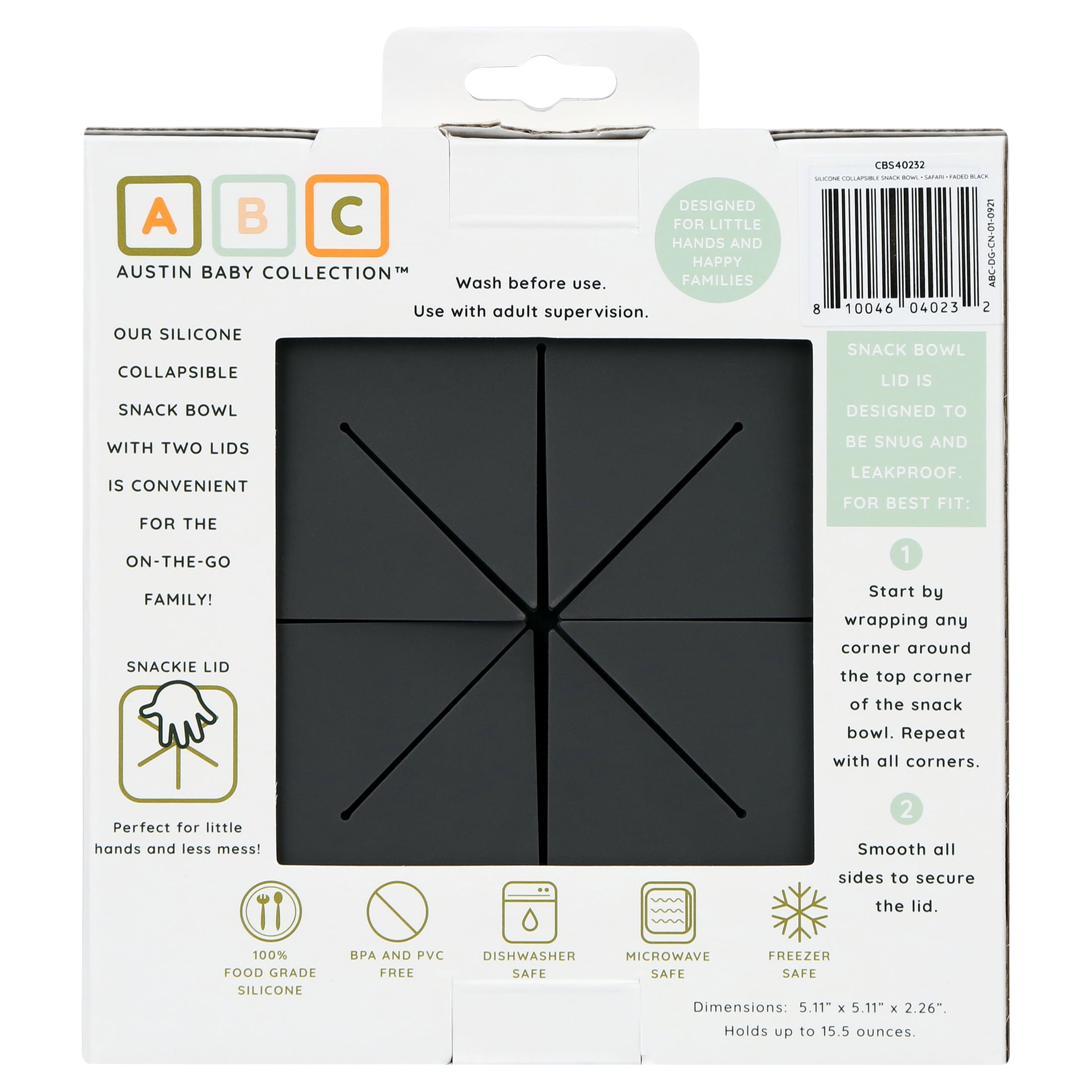 Austin Baby Co Silicone Collapsible Snack Bowl for Toddler and Kids – Reusable Snack Container with Two Specialized Lids – BPA free, Dishwasher Safe and Leakproof for Babies (Safari Faded Black)