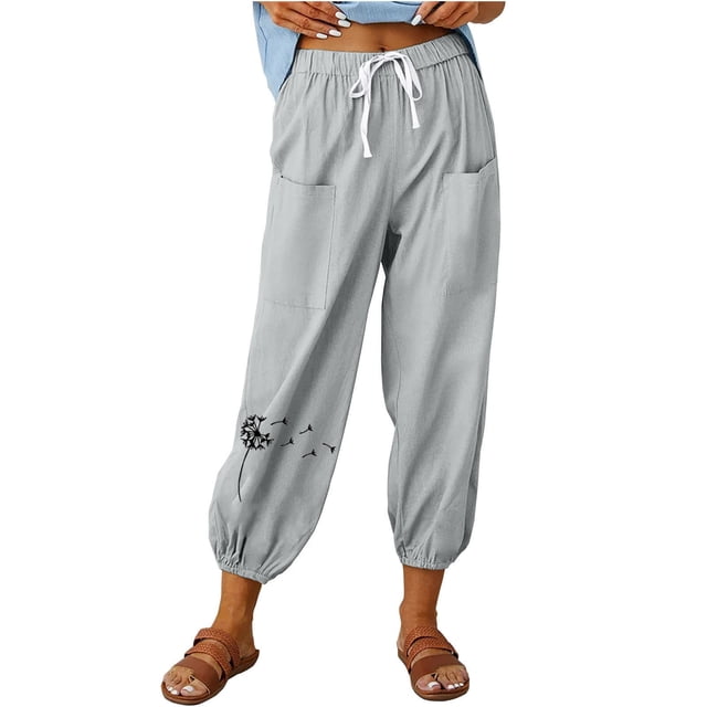 ameIAEA Womens Cotton Linen Pants with Pockets Drawstring Elastic Waisted Comfy Pants Print Beach Trousers