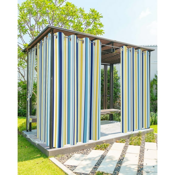 Outdoor Curtains for Patio, Blue Yellow Striped Waterproof Blackout Outside Curtain for Porch/Pergola/Gazebo, Farmhouse Navy Blue Ombre Stripes Thermal Insulated Drapes, 2 Panels, 54 x 84 Inch