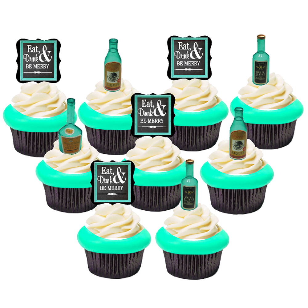 12pack Eat Drink & Be Merry with Liquor Bottle Cake / Cupcake Toppers