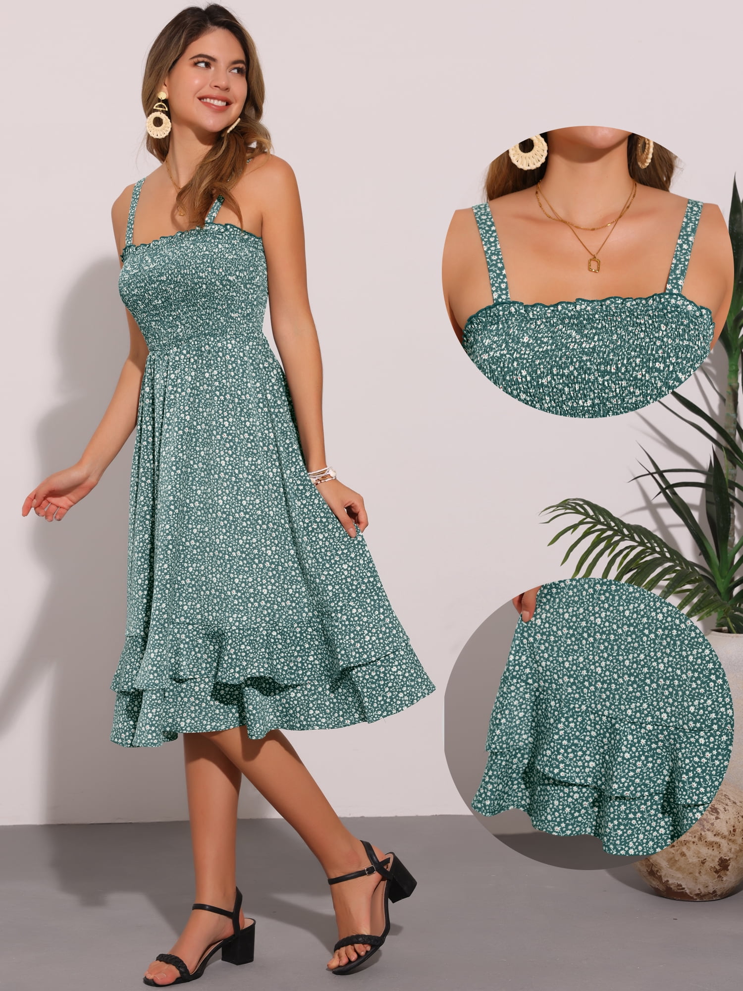 DARING DIVA Floral Ruffle Midi Smocked High Waist Sleeveless Dress XL Green