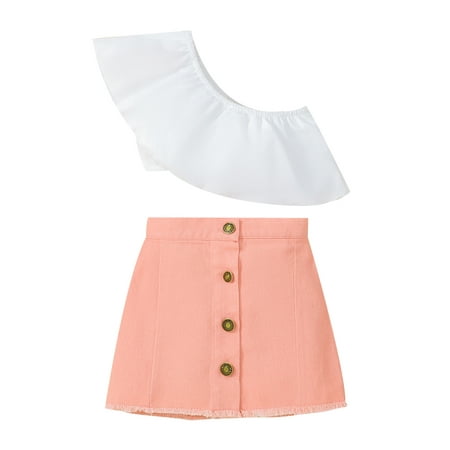 

Suanret Kids Toddler Girls Short Skirt Suit Ruffled Slanted Shoulder Tops + Button Decoration High Waist Skirt Pink 4-5 Years