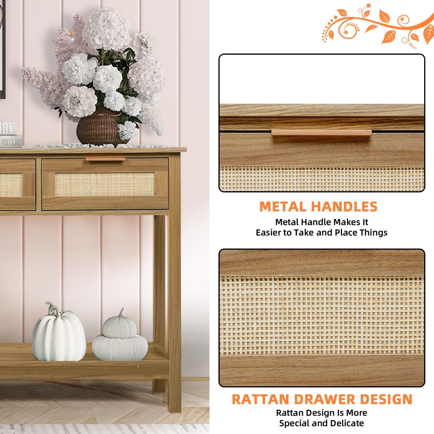 LAZZO 51” Boho Rattan Console Table, Narrow Entryway Table with 3 Drawers & Open Shelf, Brown