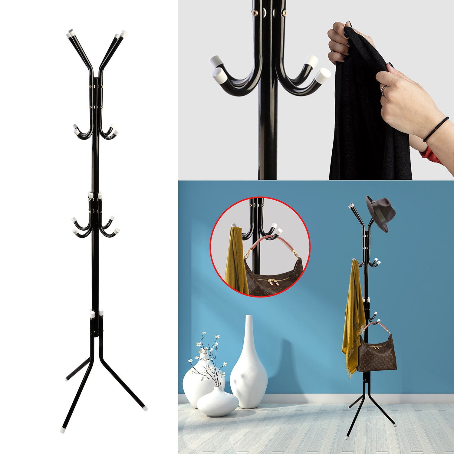 12 Hooks Coat Rack Hat Stand Tree Clothes Hanger Umbrella Holder Metal