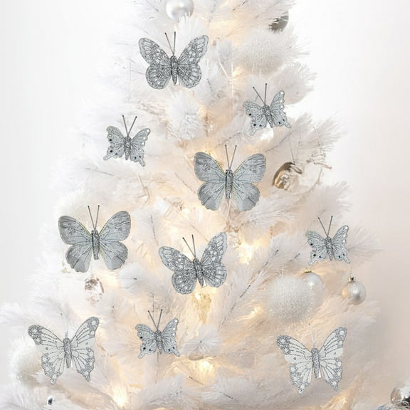10-Pack Silver Glitter Butterfly Ornaments - Christmas Tree Decorations with Hollow-Out Design for Festive Home, Wreath, and Gift Packaging Silver