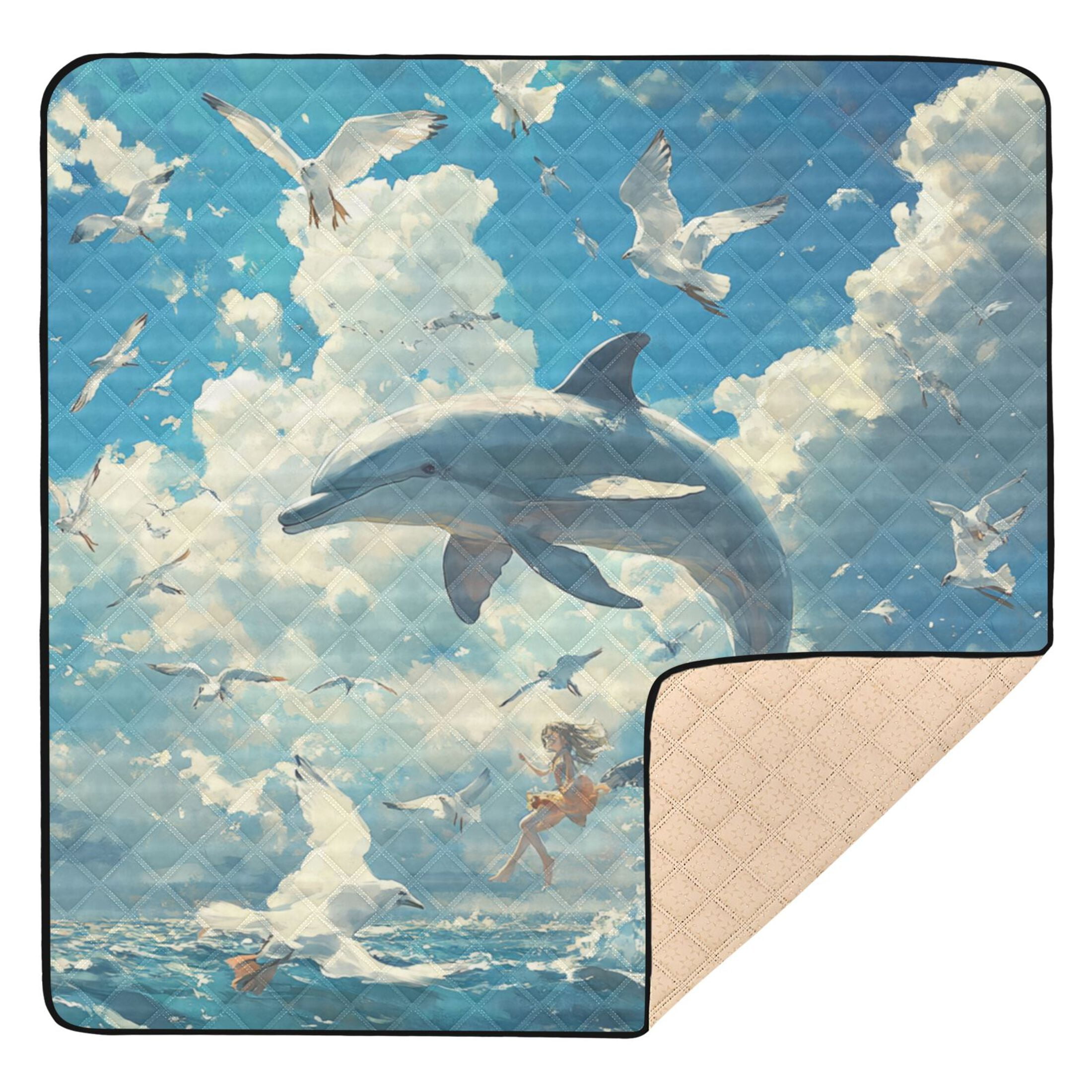 WOBOGO Dolphins Collide with Seagulls Baby Playmats Extra Large Waterproof Rollable Activity Pads for Toddlers 50×50inch