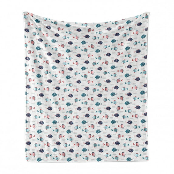 Fish Soft Flannel Fleece Blanket, Hand-Drawn Doodle Fish and Waves Pattern Swimming Underwater Theme on White Backdrop, Cozy Plush for Indoor and Outdoor Use, 70" x 90", Multicolor, by Ambesonne