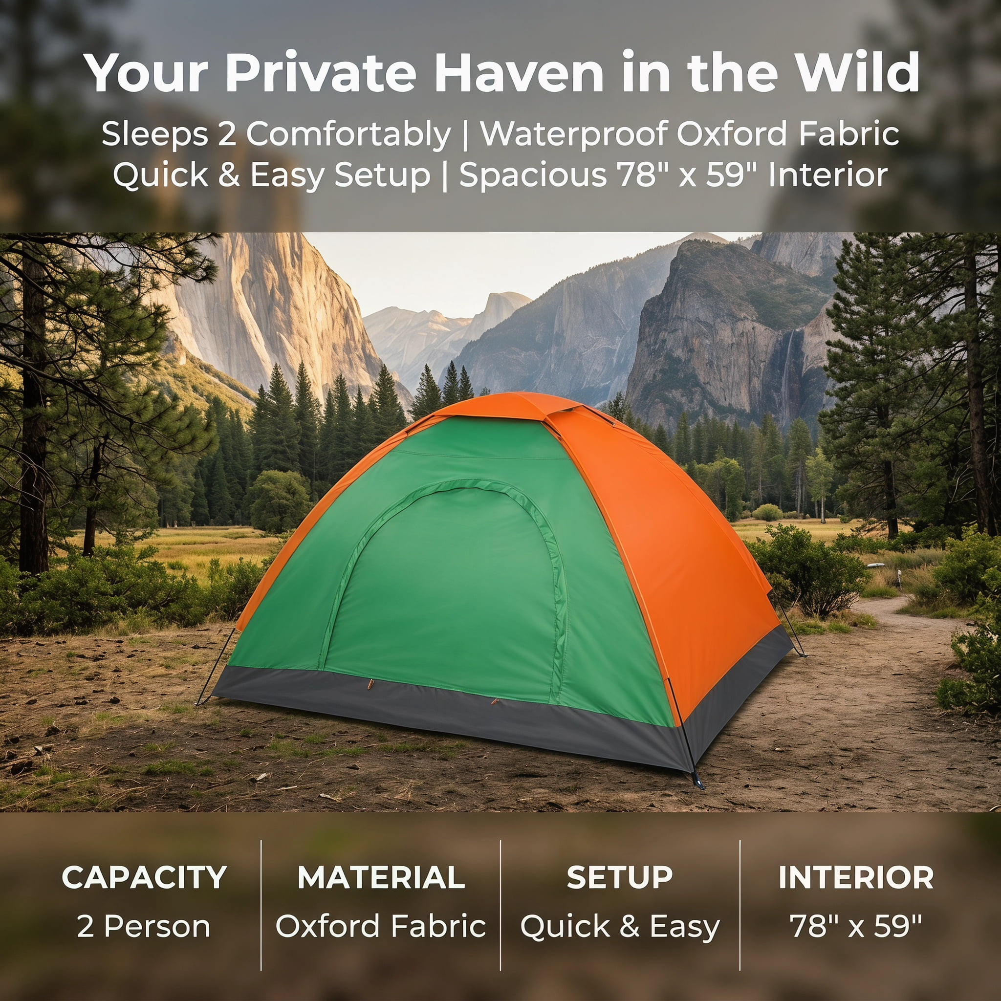 2-Person Waterproof Camping Dome Tent, Outdoor Hiking Survival Tent, Orange & Green