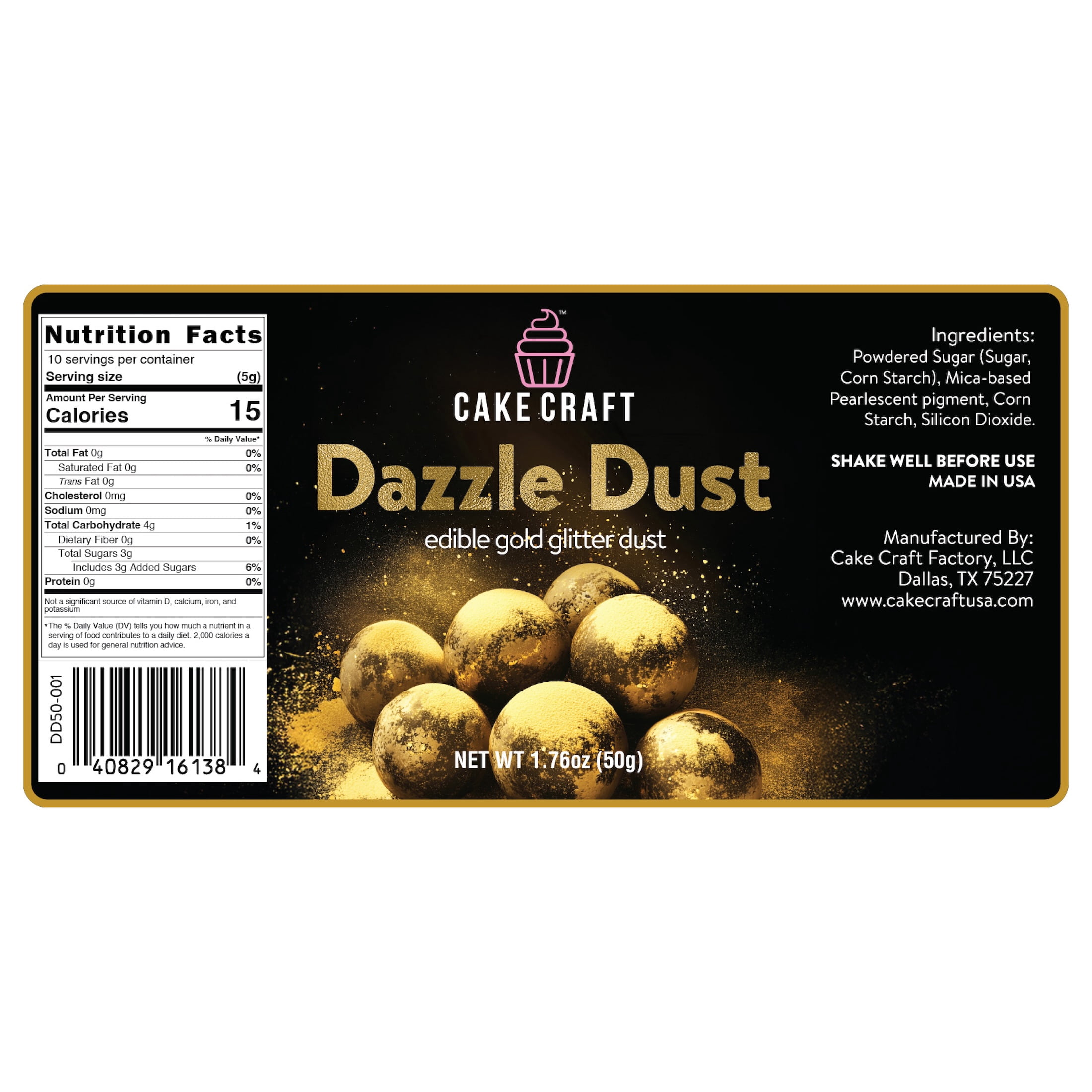 Cake Craft Dazzle Dust Gold Edible Glitter for Cakes, Cupcakes, & More