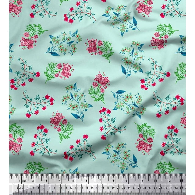 Soimoi Rayon Fabric Leaves & Pink Flower Floral Print Sewing Fabric Yard 56 Inch Wide