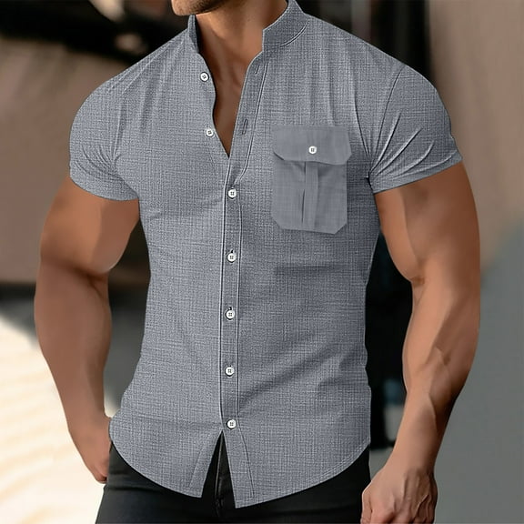 UQJfacai Mens Muscle Fit Dress Shirts Athletic Slim Fit Short Sleeve Summer Casual Stand Collar Button Down Shirt with Pocket S-3XL