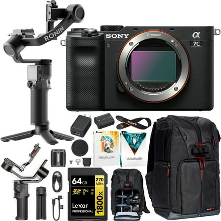 Sony a7C Mirrorless Full Frame Camera Body Black ILCE-7C/B Filmmaker's Bundle Including DJI RS 3 Mini Gimbal Stabilizer Kit + Deco Gear Photography Backpack + 64GB High Speed Card & Software