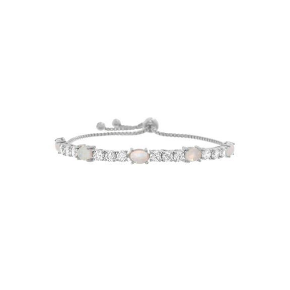 Lesa Michele Brass Opal Cubic Zirconia Box Chain Slider Bracelet in Rhodium Plated Brass for Women