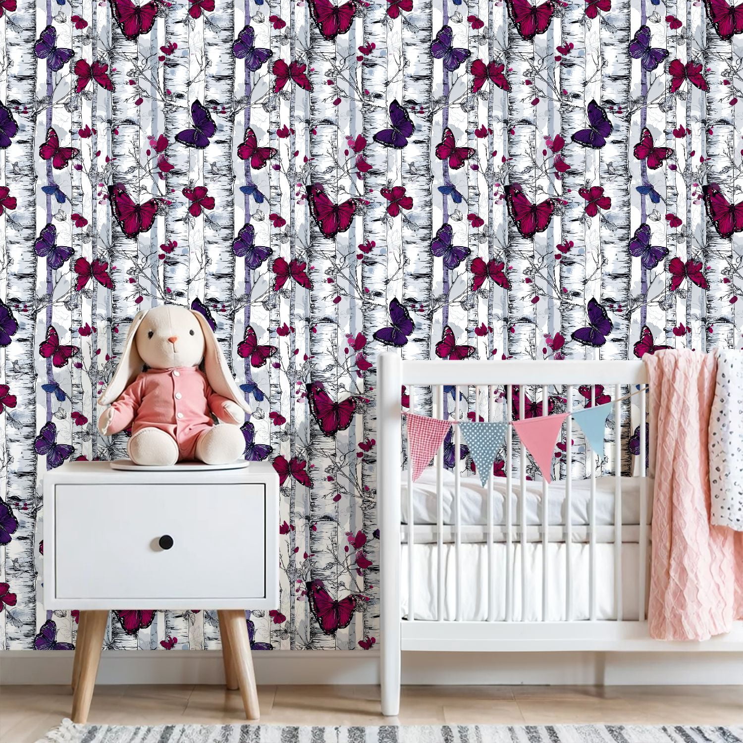 Peel and Stick Wallpaper Butterflies Birch Trees Magenta Purple Grey Ink Wall Mural 23.6in x 9.8ft Self Adhesive Removable Wall Paper Renter Friendly Wallpaper for Bedroom Livingroom Office Studio