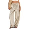thumbnail image 2 of Petite Linen Pants for Women Striped Casual Comfy Elastic Waist Linen Drawstring Pants Y2k Baggy Flowy Lightweight Work Trousers Light Brown L, 2 of 6