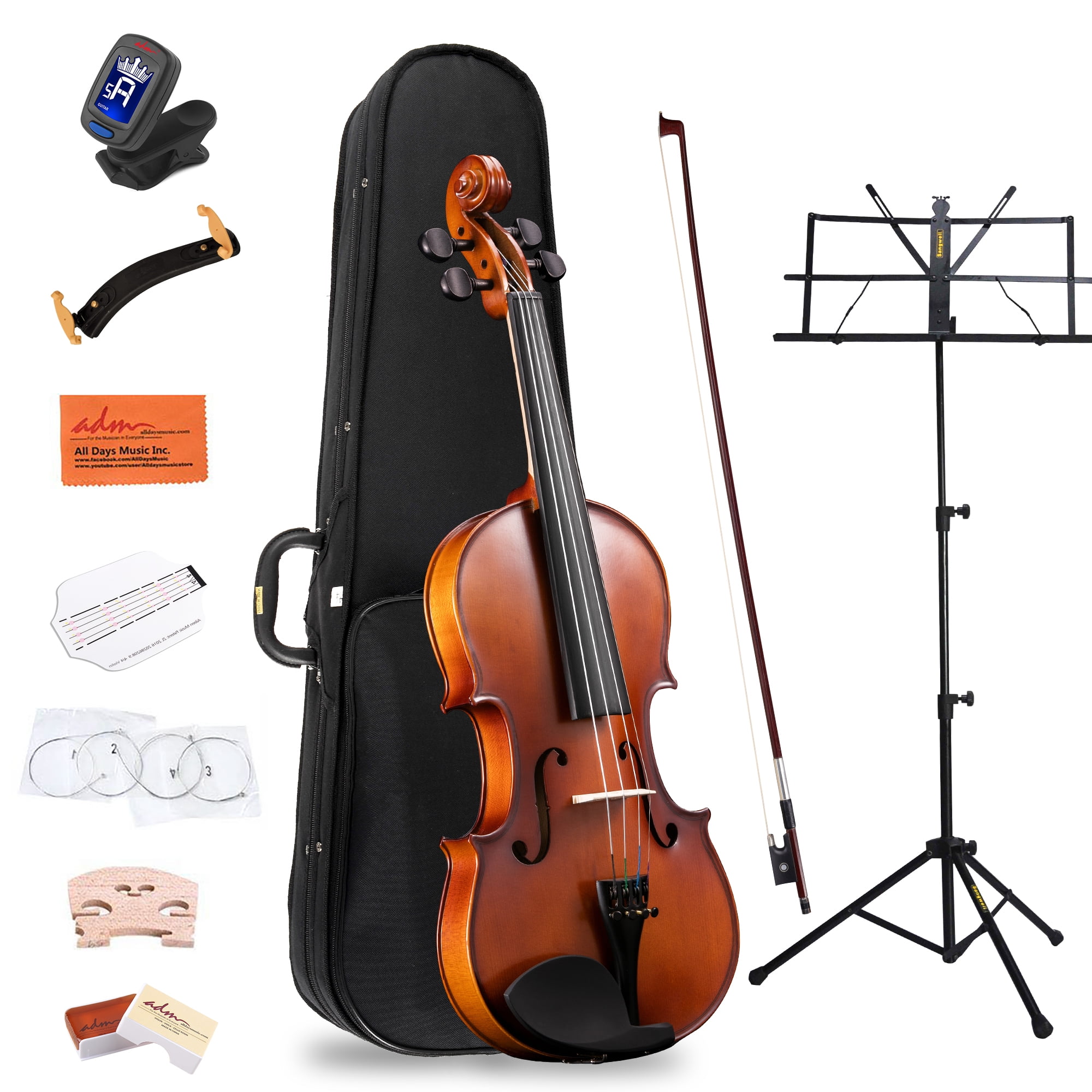 kedelig hit velordnet ADM Full Size Acoustic Violin, 4/4 Solid Wood Violin Set for Student  Beginners with Hard Case, Shoulder Rest, Bow, Rosin, Extra Strings(Ebony) -  Walmart.com