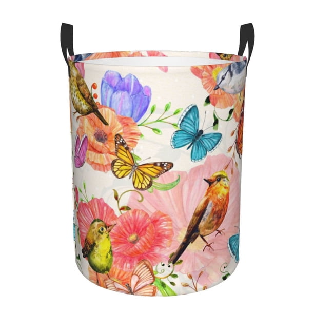 Balery Flowers And Birds Watercolor Cesta de ropa redonda con asas, impermeable, independiente, para ropa, juguetes, dormitorio y familia-Medium