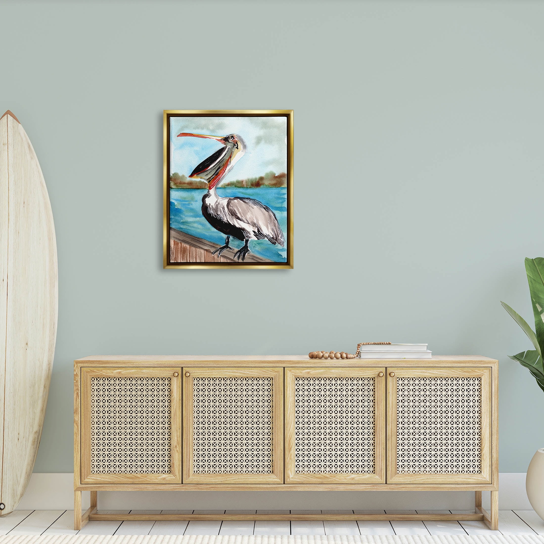 Nautical Pelican Bird Beak Animals & Insects Painting Metallic Gold Framed Art Print Wall Art