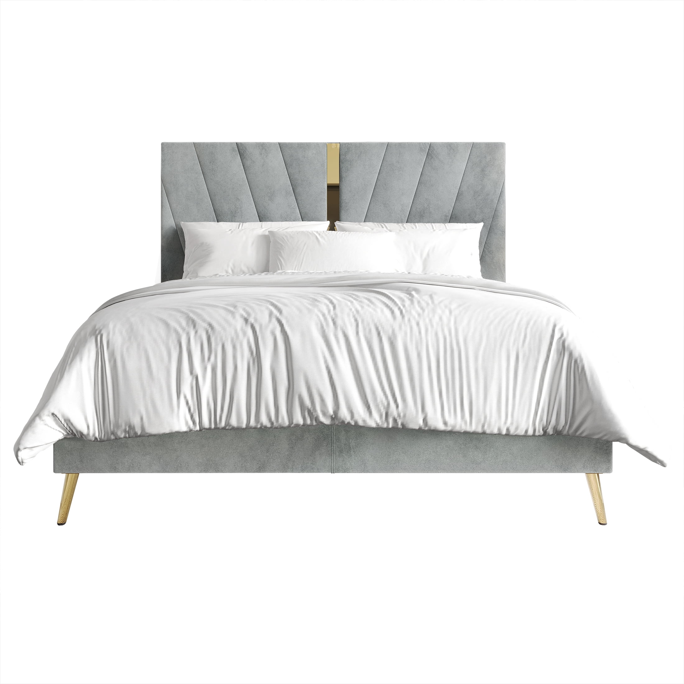 Castle Place Contemporary Velvet Queen Upholstered Bed with 2 Nightstand and Bench, Silver Grey