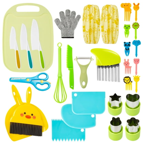 29 pieces Kids Knife Set for Real Cooking, Toddler Knife Set for Real Cooking with Plastic Kids knife Crinkle Cutter Kids Cutting Board, Kids Cutting Board and Knife Set for Little Girl Boy Age 3-10