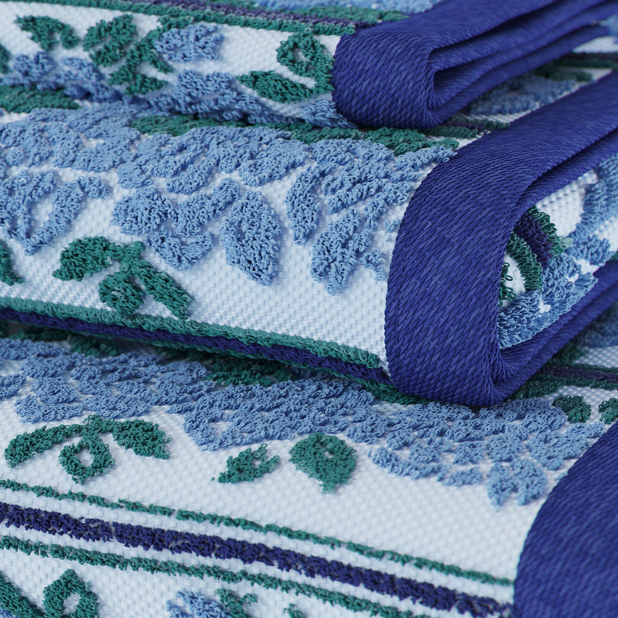 Beautiful by Drew Barrymore 4-Piece Wallpaper Bath Towel Set, Soft 100% Cotton, Smokey Blue