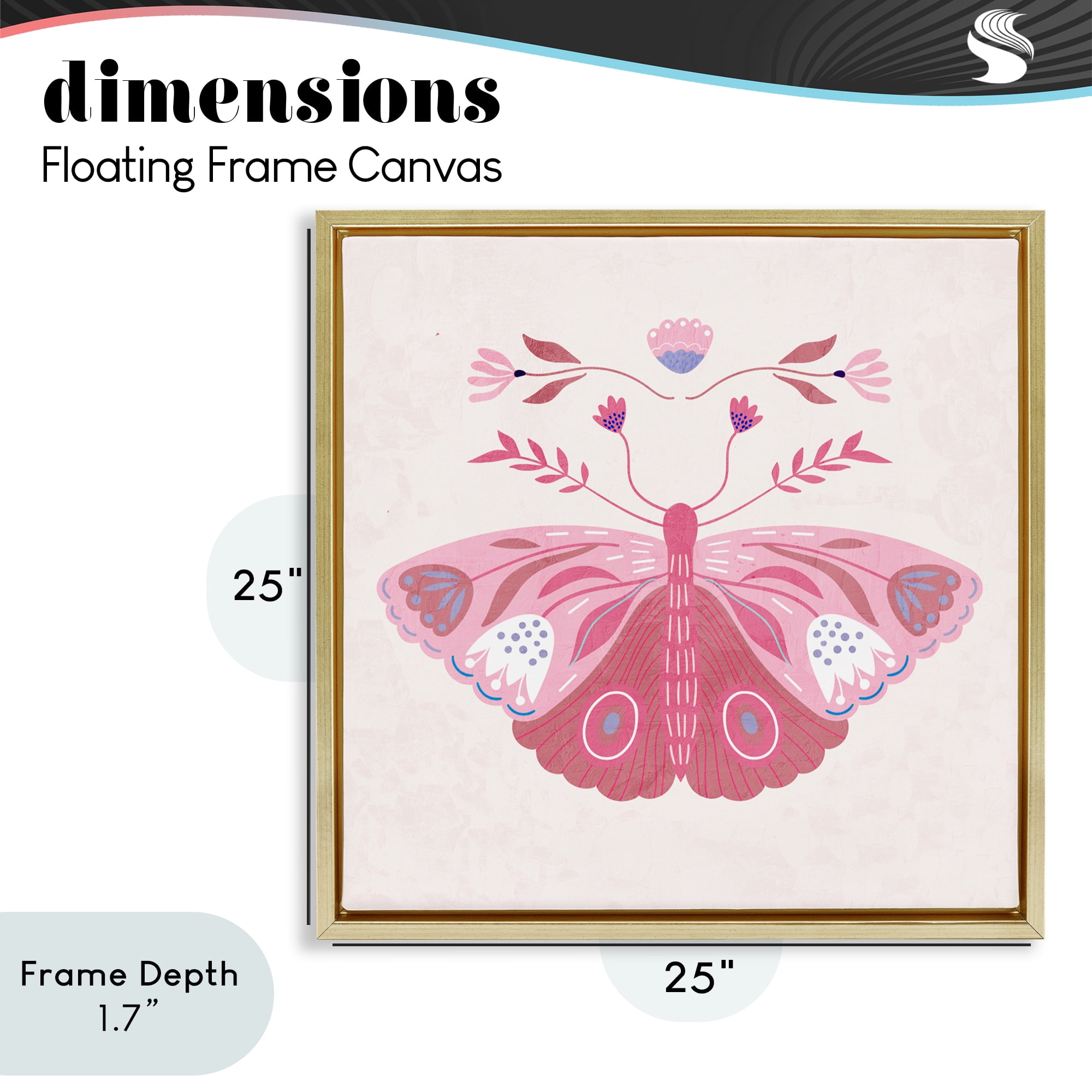 Stupell Industries Boho Pink Folk Butterfly Gold Framed Floater Canvas Wall Art, design by Kim Allen