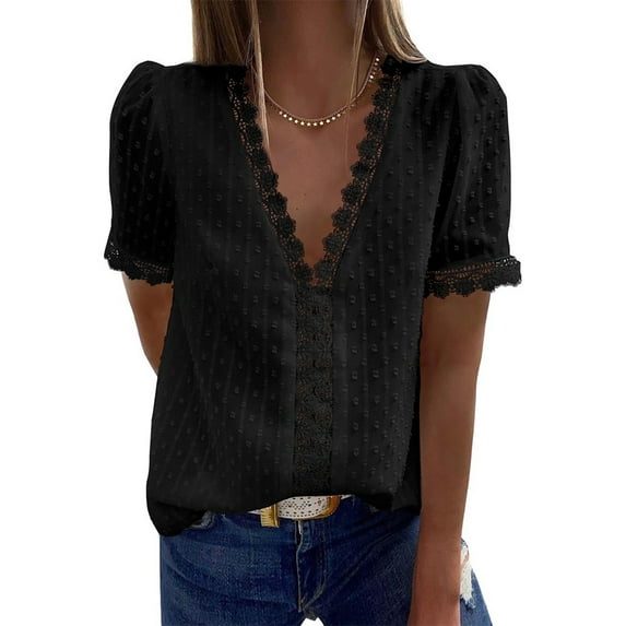 Askfv Womens V Neck Tops Solid Color Lace Casual Jacquard Pom Pom Shirt Blouse