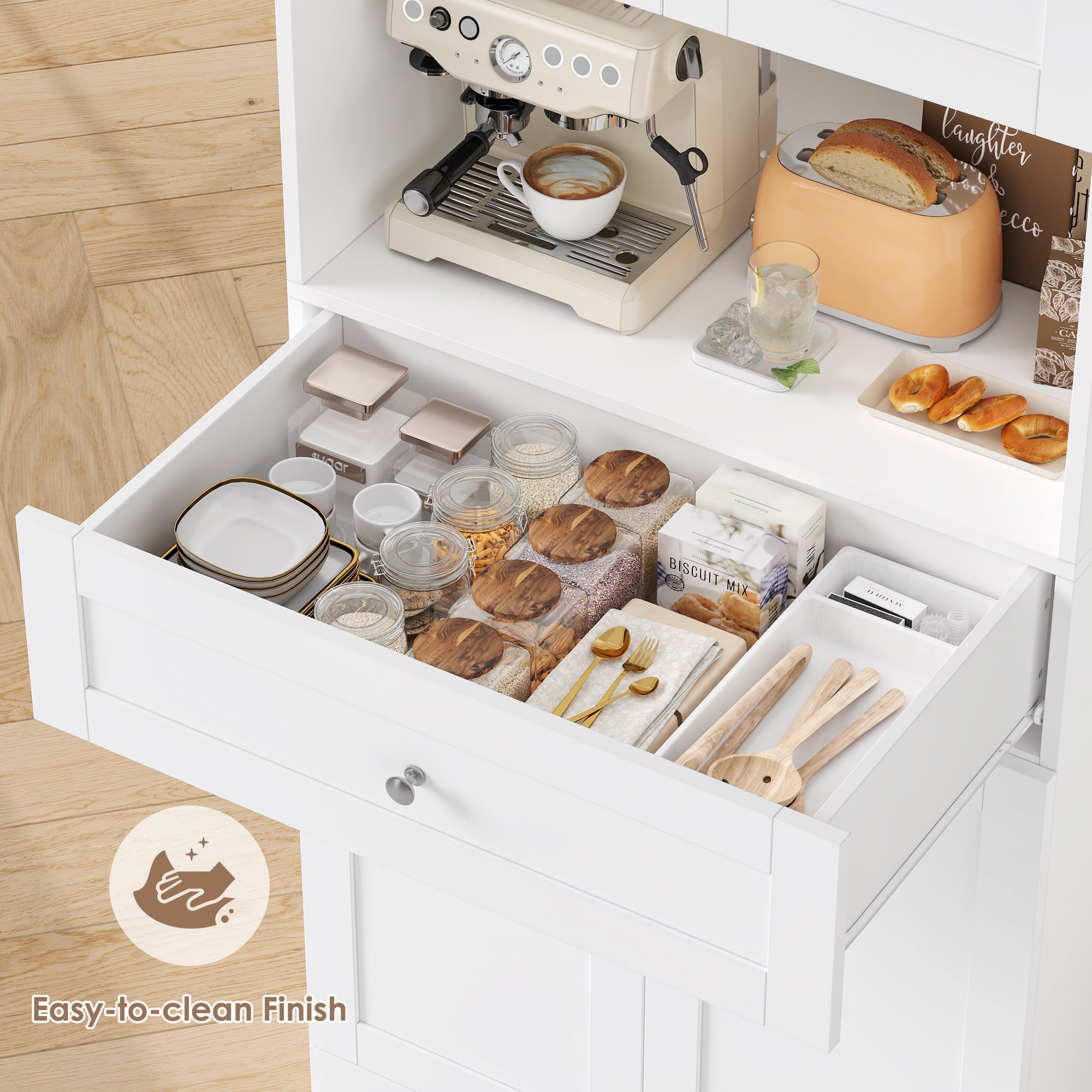 Homfa 67.5'' Tall Kitchen Pantry with Microwave Shelf, Large Storage Drawer Wood Pantry Storage Cabinet for Dining Room Living Room, White