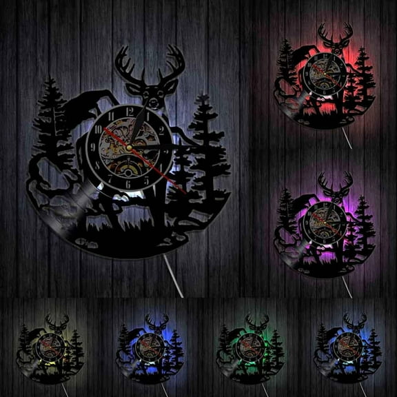 Birch Tree Forest Deer Wall Art Woodlands Buck Wall Decor Vinyl Record Clock Mancave Hunting Club Animals Vintage Wall Clock