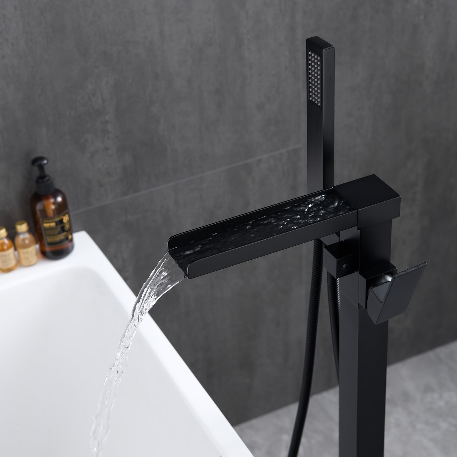 BWE Freestanding Tub Filler Bathtub Faucet Black Floor Mount Brass Bathroom Faucets with Hand Shower