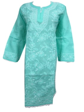 Mogul Womans Tunic Green Floral Hand embroidered Cotton Kurta Caftan Dress
