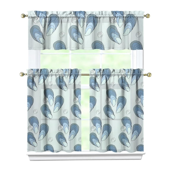 Tropical Shell Curtains Set Seashell Beach Nautical Coral Starfish Marine Fish Ocean Sea Cute Spiral Seashell Life Coastal Print Pattern Curtain Tier and Valance Set