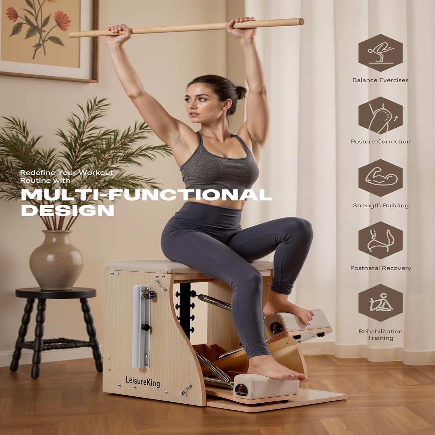 LeisureKing Pilates Chair,Combo Chair with Handles for Home Workouts, Split Pedals Yoga Fitness Trainer, Easy Assembly Pilates Reformer Machine for Studio, Gym, Pilates Workout, Beige