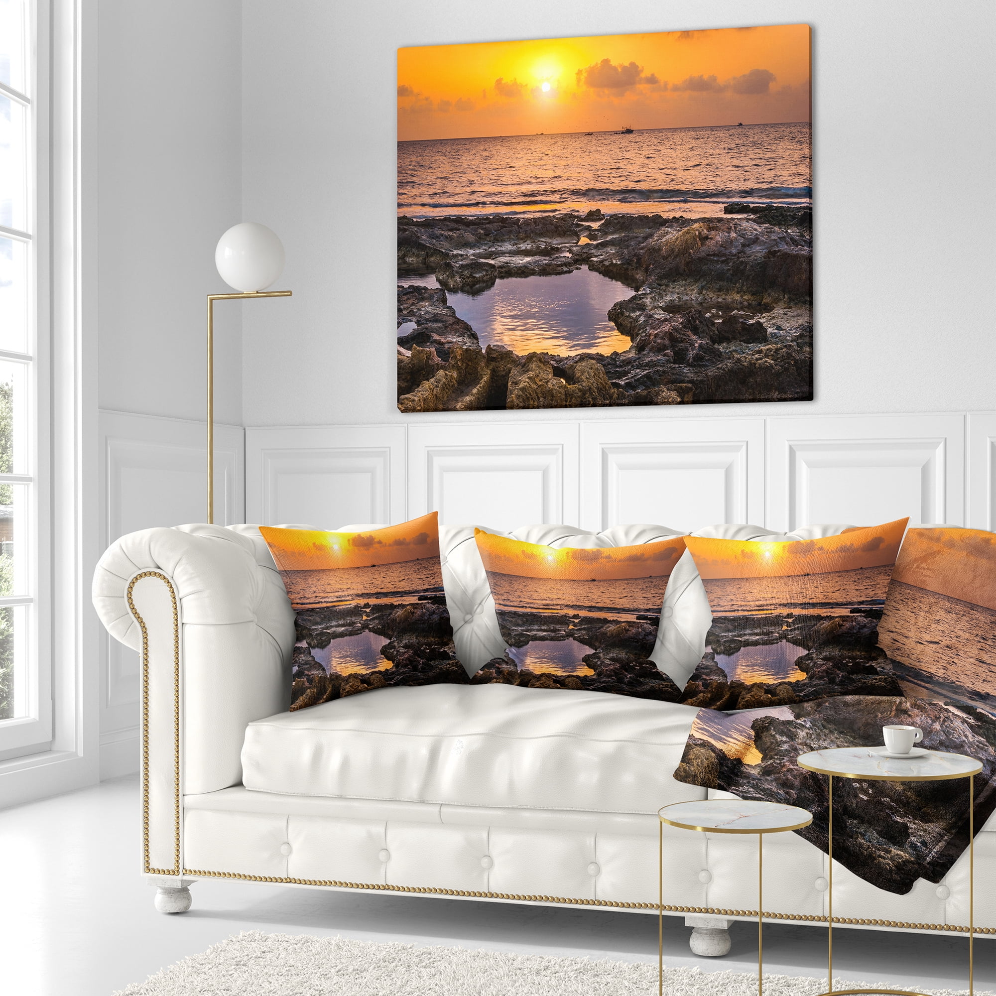 Designart Colorful Rocky Coast at Sunset - Oversized Beach Throw Pillow - 16x16