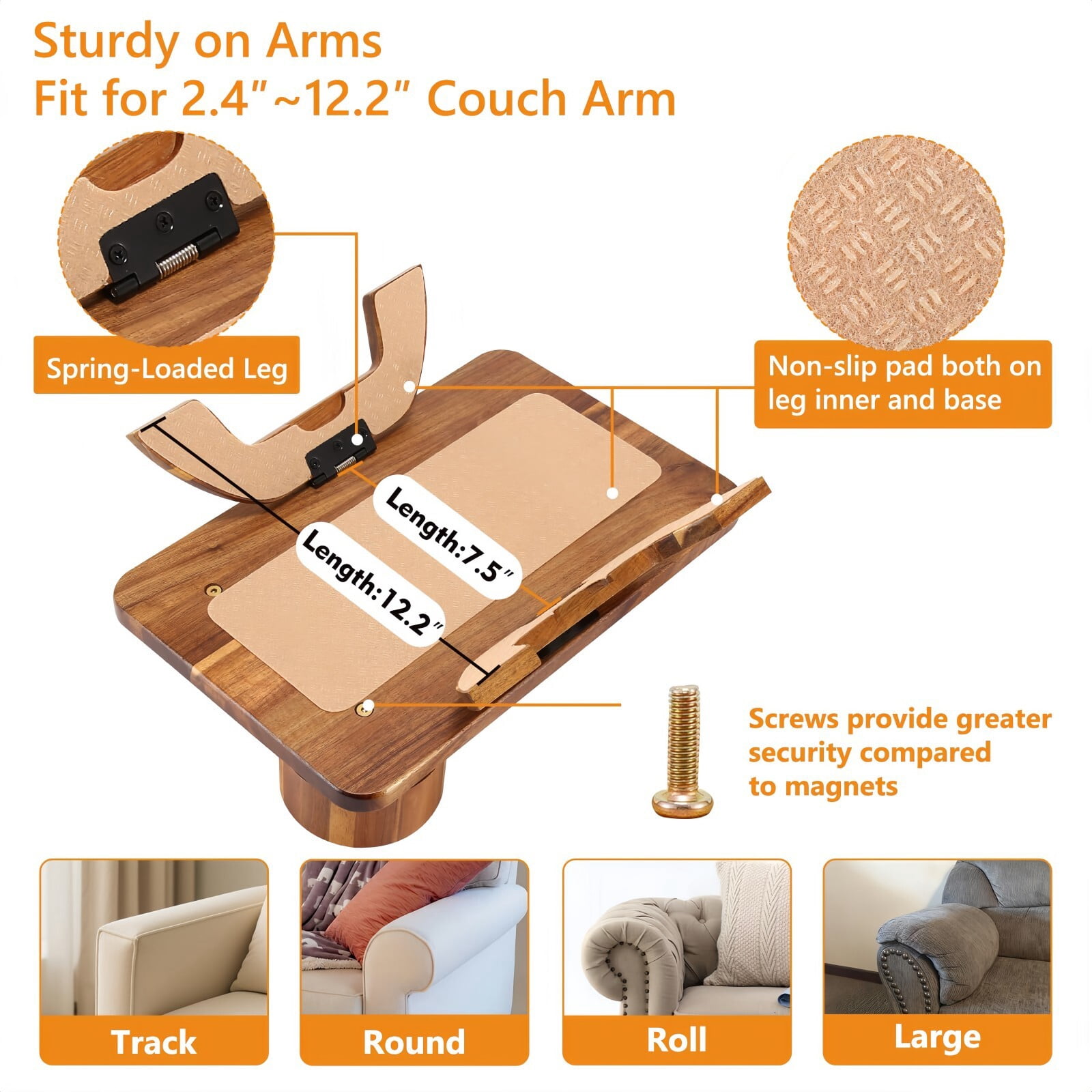 Kelno Couch Armrest Tray 3 in 1 Sofa Arm Tray Table with Swivel Cup Holder Phone Stand, Acacia