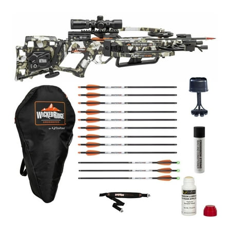 Wicked Ridge Fury 410 De-Cock Ready-to-Hunt Bundle with 9 Match 400 Non-Lighted and 3 Match 400 Lighted Arrows Soft Case Neoprene Sling Premium Lubricant and String Conditioner