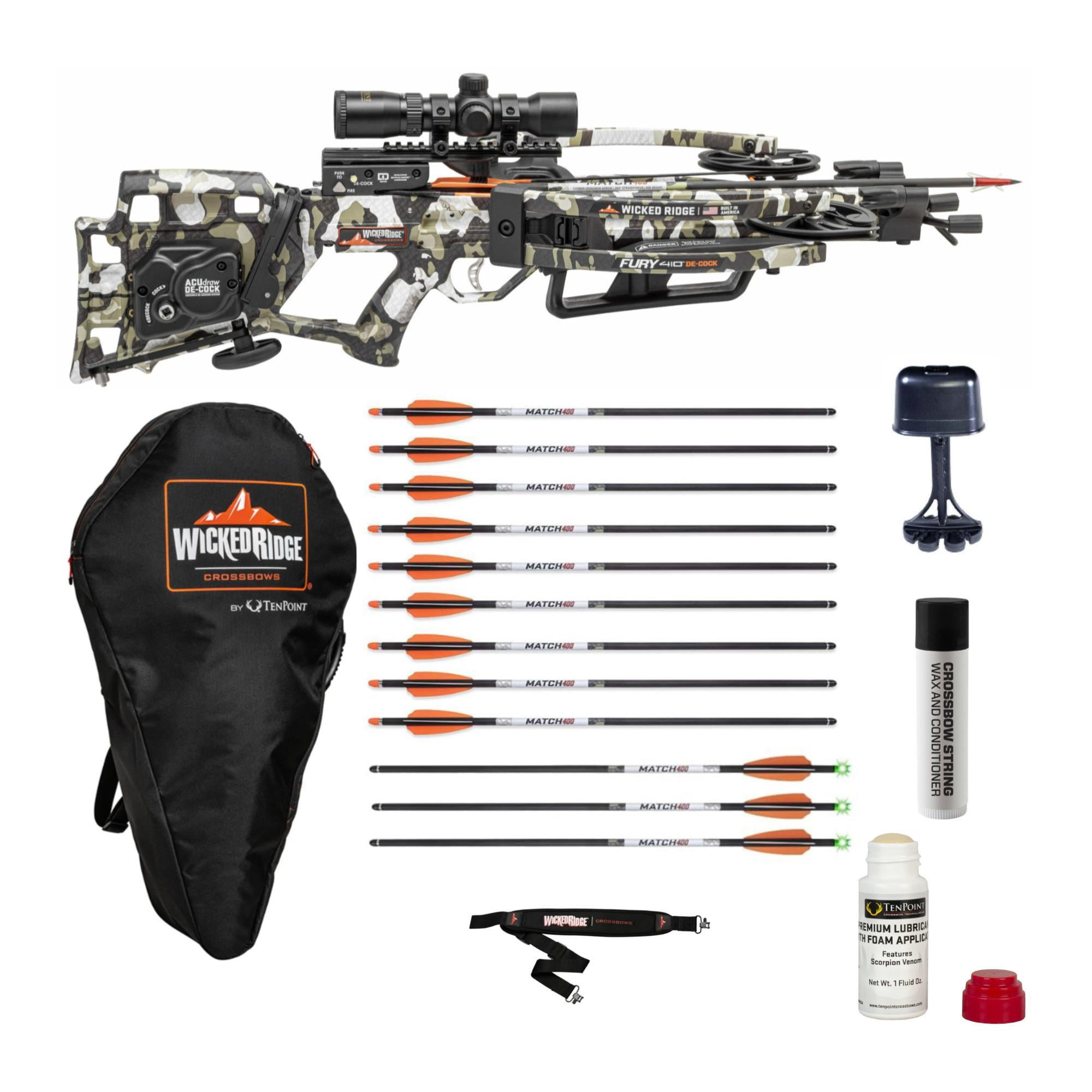 Wicked Ridge Fury 410 De-Cock Ready-to-Hunt Bundle with 9 Match 400 Non-Lighted and 3 Match 400 Lighted Arrows Soft Case Neoprene Sling Premium Lubricant and String Conditioner