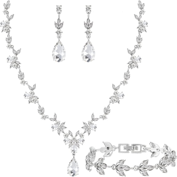 DESIGNICE Bridal Wedding Elegant Floral Jewelry Set for Women, Brides, Bridesmaids Crystal Jewelry Set for Wedding Prom Party Crystal Necklace Earrings Bracelet Set