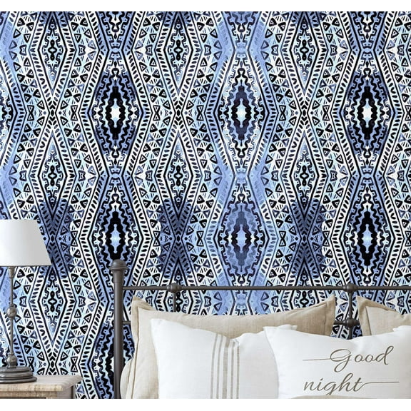 S4Sassy Self-Stick Decorative Boho Wallpaper, Diamond Geometric Print Wall Paper, Vinyl Waterproof Contact Paper, Blue, 25"X 120" Removable Renter Friendly Walls Covering For Bedroom, Dining Room