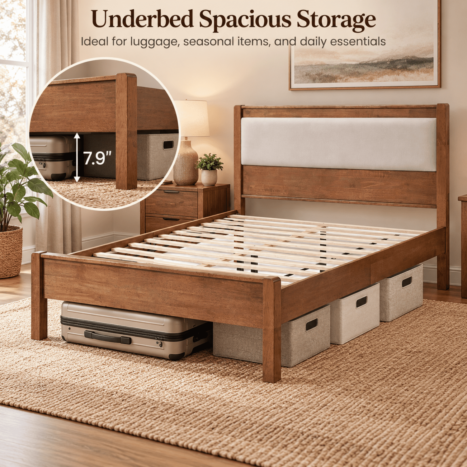 Miniyam Full Rubberwood Platform Bed Frame with Padded Upholstered Headboard, Brown