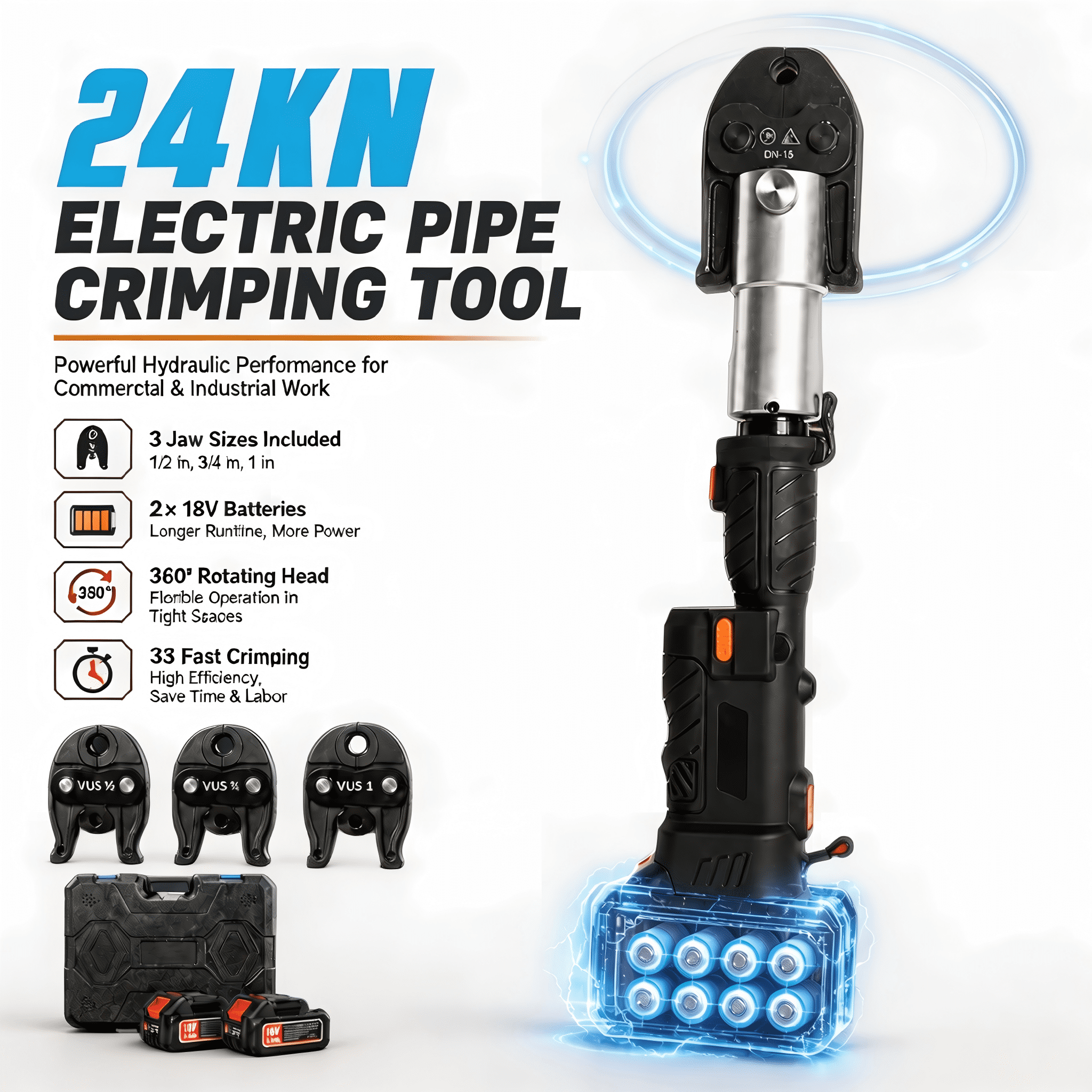 18V Electric Press Tool Kit,24 KN Pipe Crimping Tool with 3 Press Jaws,Pipe Connection Machine for Copper PEX Stainless Steel Pipes