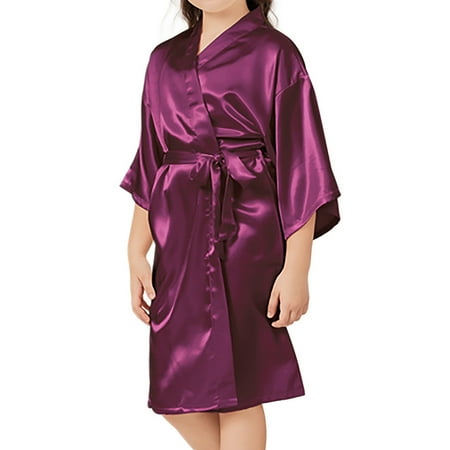 Kids Girl s Silky Satin Kimono Robe for Spa Wedding Birthday Party Solid Color Lingerie Sleepwear Children s Gifts Purple 24M-3T