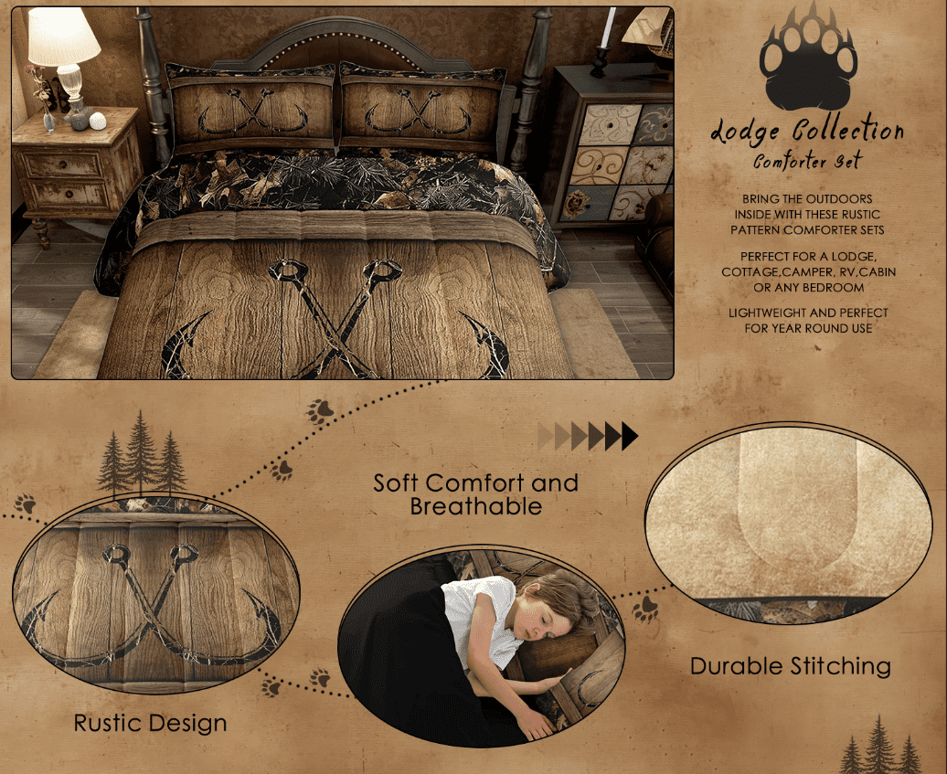 Rustic Lake Cabin Comforter Set Farmhouse Fishing Bedding Set Queen Size Tree Branches Camo Fish Hook Quilt Comforter Teen Men Country Camouflage Bed Duvet Set 3 Pcs
