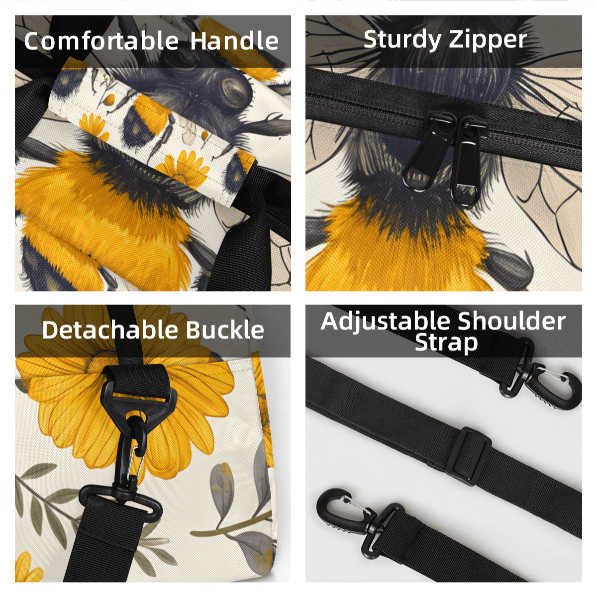 Herdesigns Cute Bee Sports Duffle Bag for Women & Men, Floral Bee Gym Bag Dance Bag Overnight Bag Carry On Weekender Travel Bag