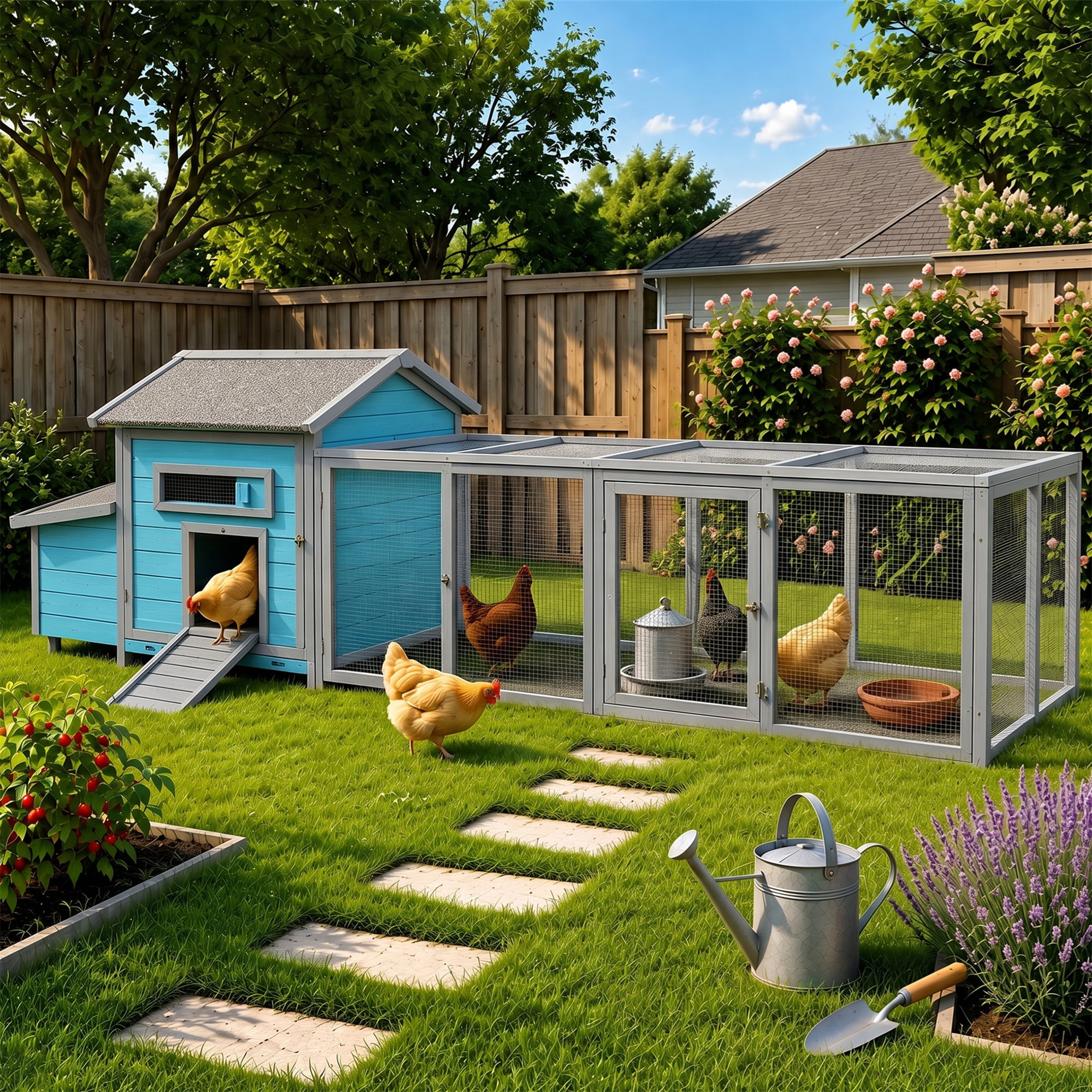 Aukfa 114" Large Chicken Coop Wood Chicken Run Cage w/ Nest Box and Pull-on Tray for Outdoor, Backyard, Blue