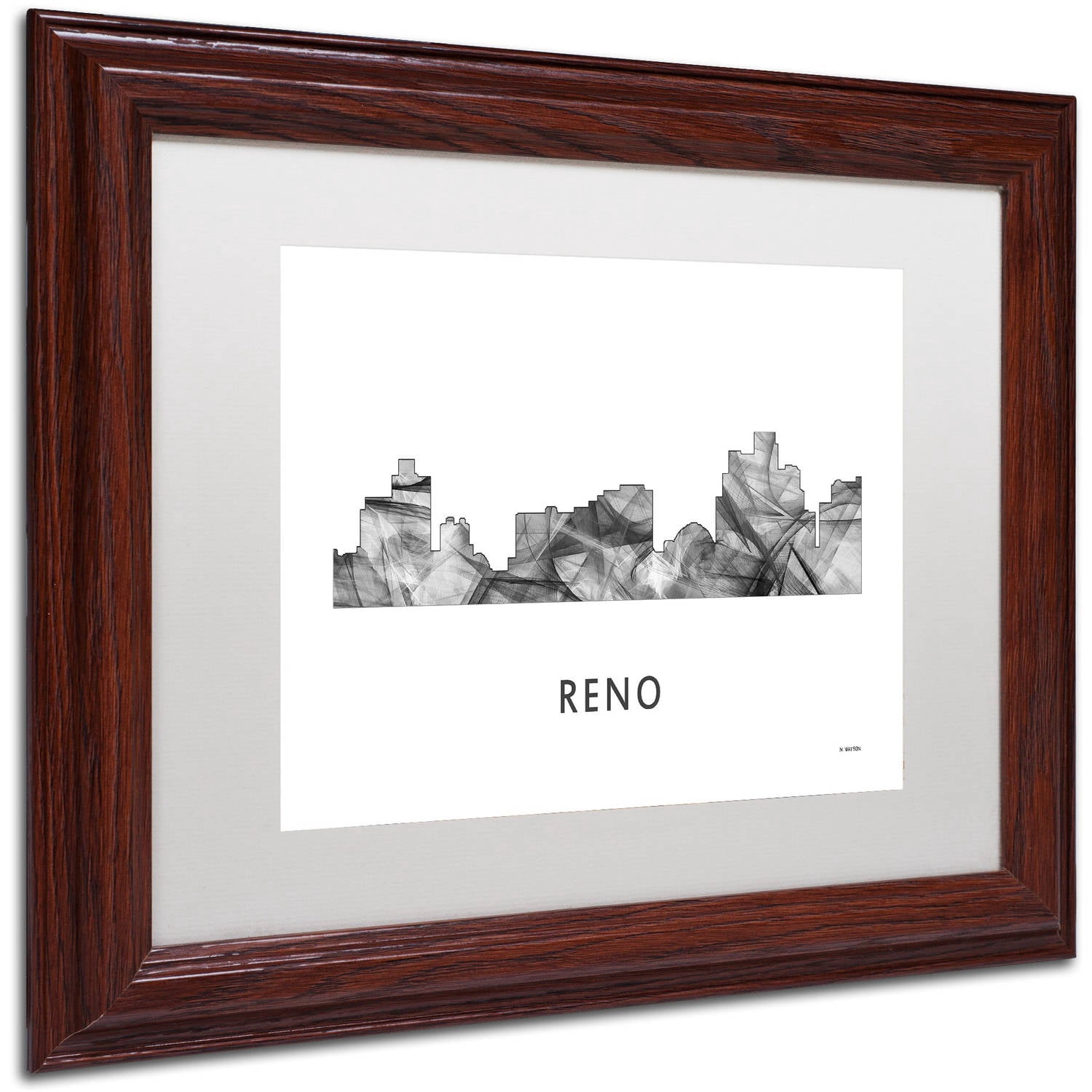 Trademark Fine Art 'Reno Nevada Skyline WB-BW' Canvas Art by Marlene Watson, White Matte, Wood Frame