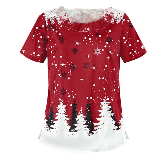 Puntoco Blusa de manga corta con cuello en V para mujer, uniforme de trabajo, blusa de Acción de Gracias de Navidad Puntoco Puntoco-2664
